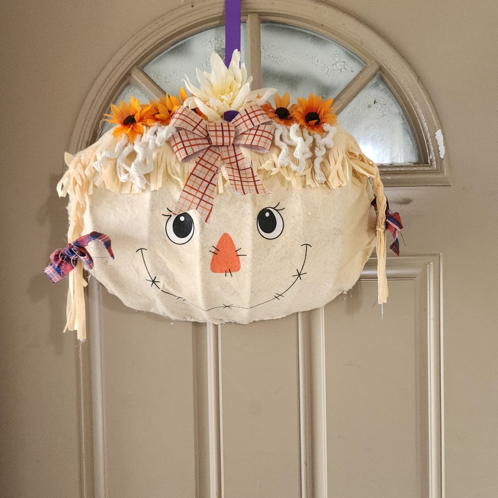 Hand Crafted Fall Festive Girl Scarecrow Face Door Wreath
